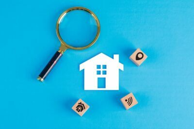 Conceptual of real estate with magnifying glass, wooden blocks, paper home icon on blue background flat lay. horizontal image